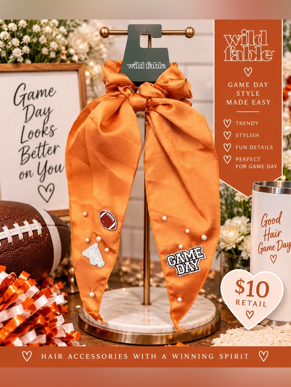 wild fable Orange Satin Game Day Hair Scarf with Pearl & Patch Details